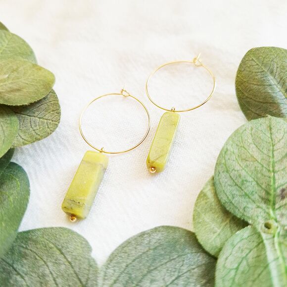 Green Serpentine Gold Hoop Earrings, Minimalist Boho Hoops, Natural Cottagecore - Picture 4 of 9